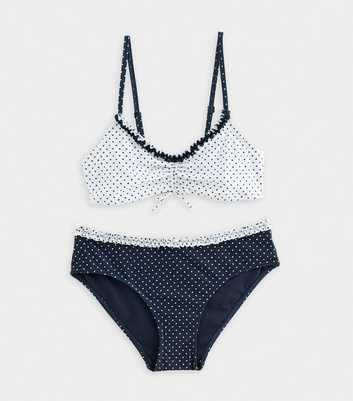 Girls White and Navy Trim Contrast Polka Dot Crop Top and Bottoms Bikini Set