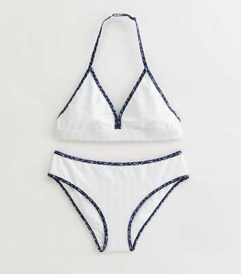 Girls White Textured Floral Triangle Bikini Set