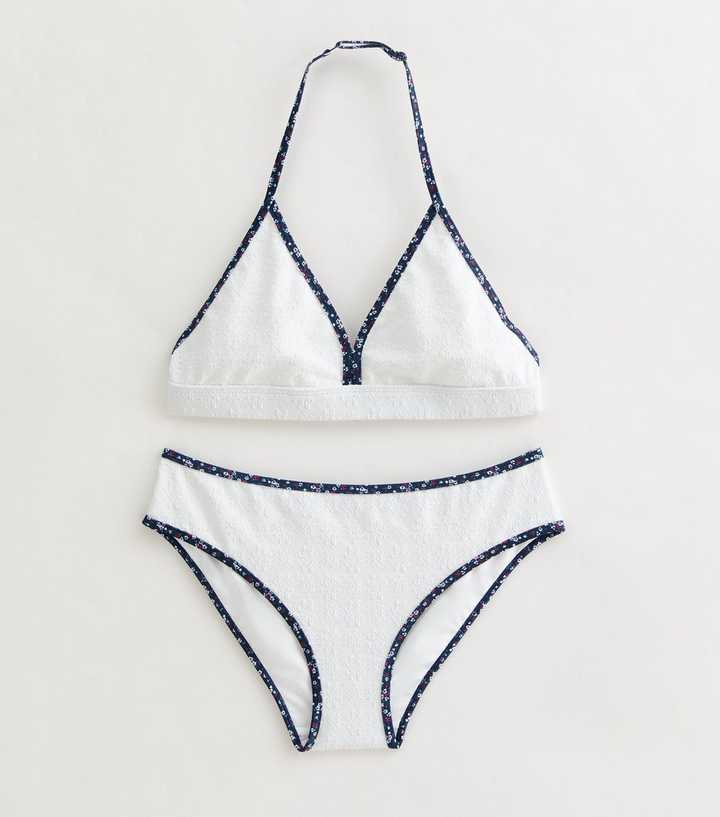 Girls White Textured Floral Triangle Bikini Set