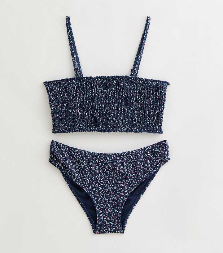 Girls Navy Ditsy Floral Shirred Bandeau Bikini Set