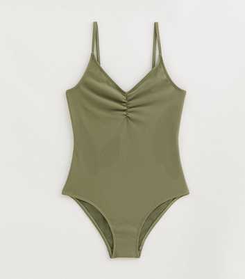 Girls Khaki Ruched Front Swimsuit