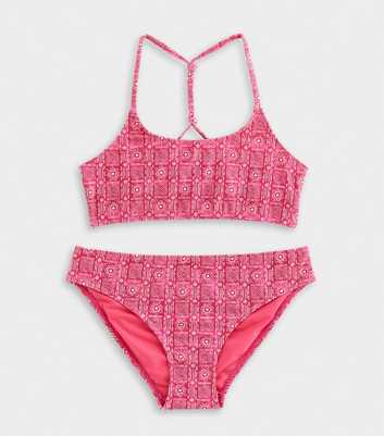 Girls Dark Pink Tile Pattern Back Detail Crop Top Bikini and Bottoms Set