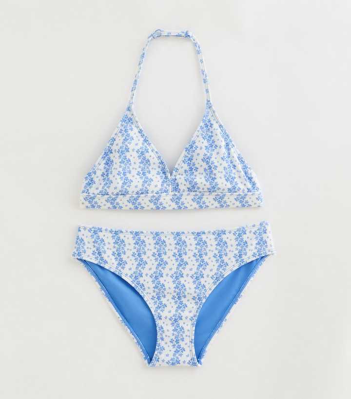 Girls Light Blue Floral Ribbed Triangle Bikini Top and Bottoms Set