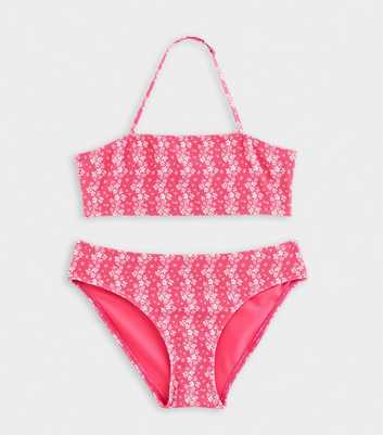 Girls Dark Pink Floral Stripe Bandeau Bikini Top and Bottoms Set