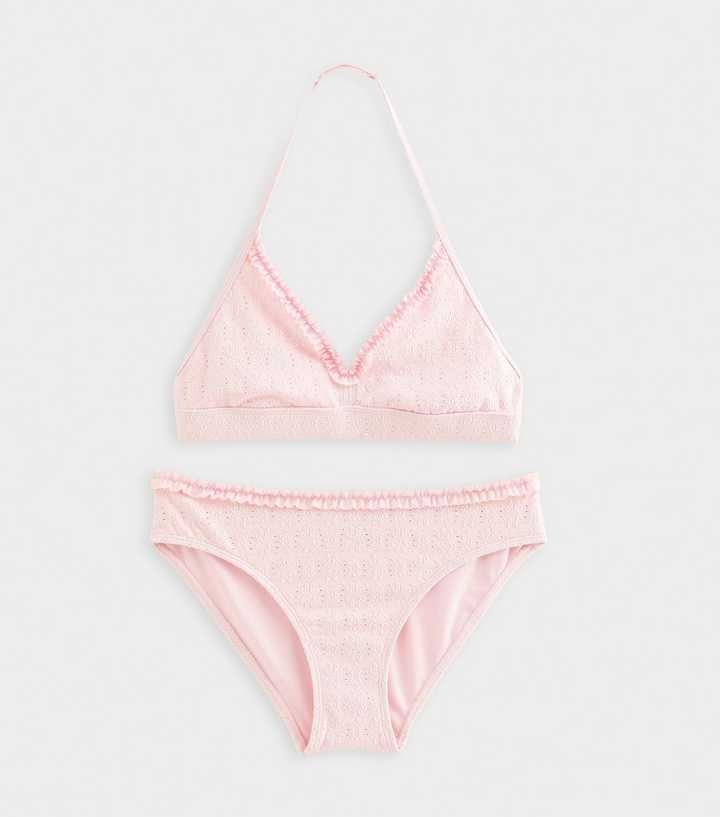 Girls Light Pink Ruffle Floral Halter Bikini Set
