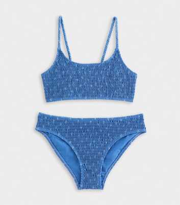 Girls Blue Shirred Plaited Strap Crop Bikini Top and Bottoms Set