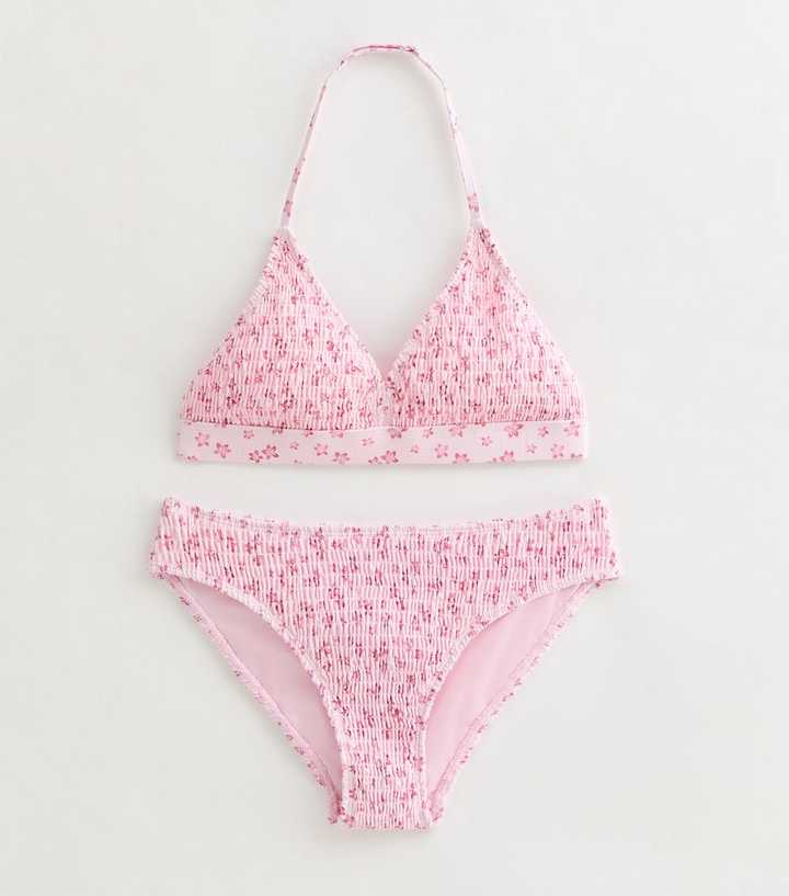 Girls Light Pink Floral Shirred Bikini Set