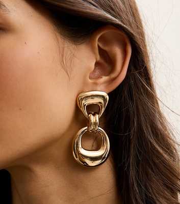 Gold Tone Circle Drop Doorknocker Clip Earrings