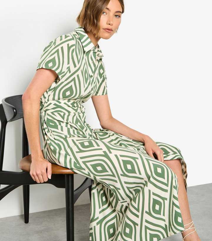 Apricot Green Teardrop Print Midi Shirt Dress