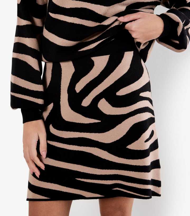 Apricot Black Zebra Jacquard Knit Mini Skirt