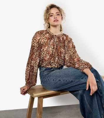 Apricot Rust Patchwork Feather Print Chiffon Top