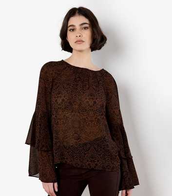 Apricot Rust Paisley Print Ruffle Sleeve Blouse