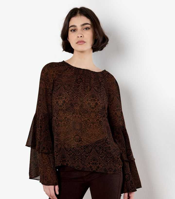 Apricot Rust Paisley Print Ruffle Sleeve Blouse
