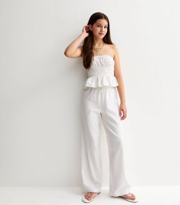 Girls White Linen Blend Wide Leg Trousers