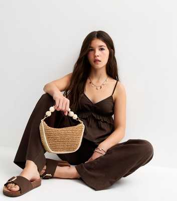 Girls Dark Brown Linen Blend Wide Leg Trousers