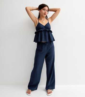 Girls Navy Linen Blend Wide Leg Trousers
