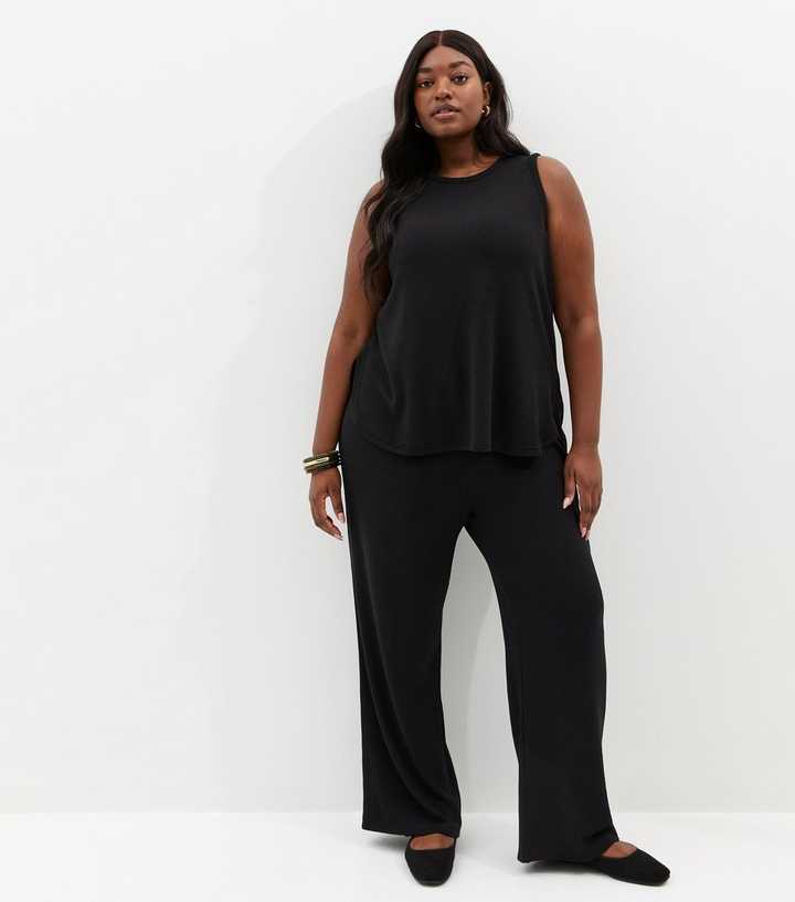 Curves Black Textured Wide Leg Trousers