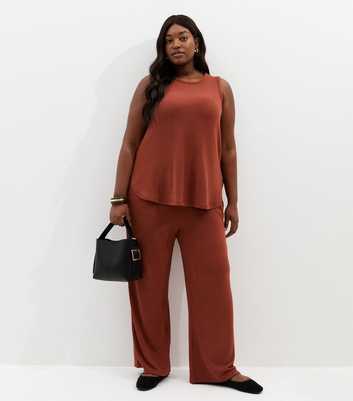 Curves Dark Red Textured Wide Leg Trousers