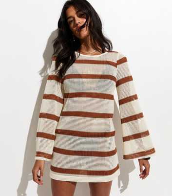 Brown Striped Scoop Back Crochet Knit Kaftan