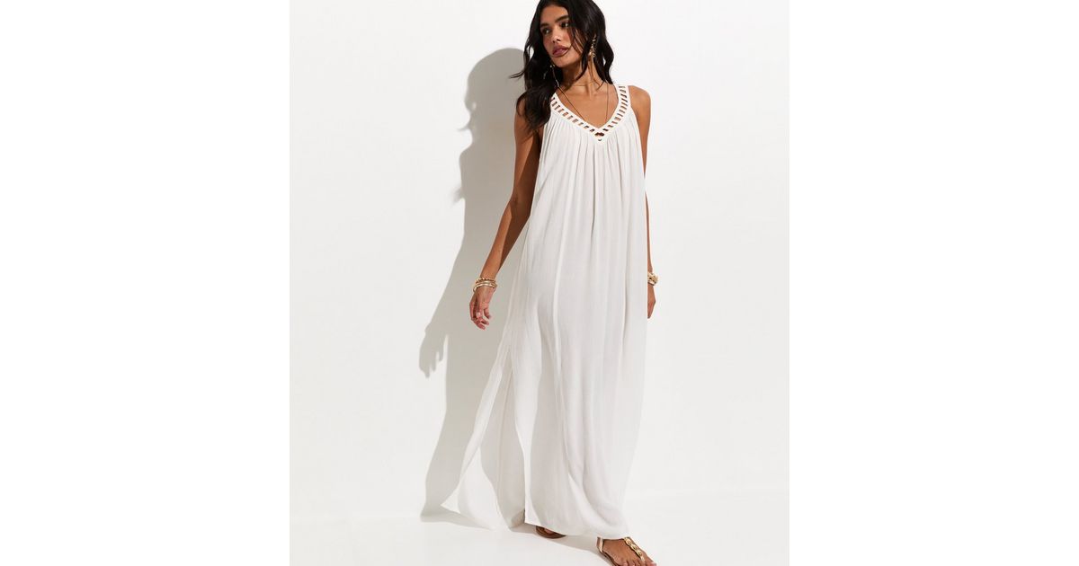 White Crochet Trim V-Neck Beach Maxi Dress