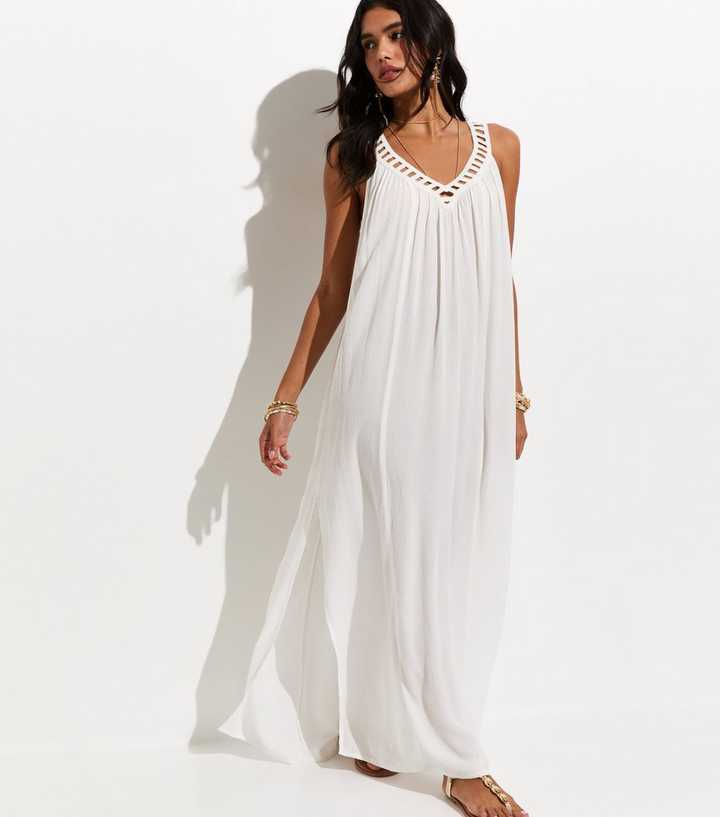 White Crochet Trim V-Neck Beach Maxi Dress
