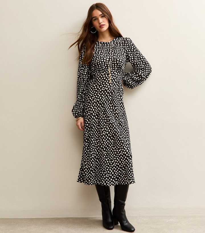 Black Polka Dot Print Midi Dress