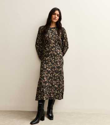 Black Floral Print Three Quarter Sleeve Midi Dress
