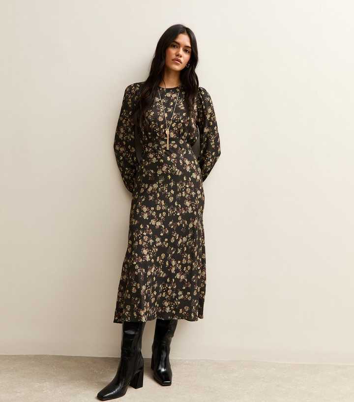 Black Floral Print Three Quarter Sleeve Midi Dress