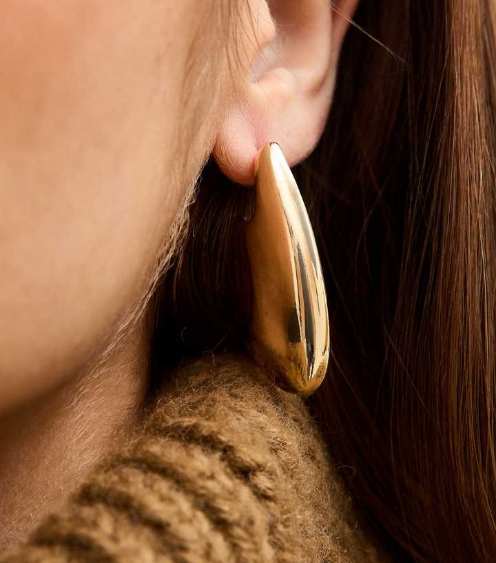 Gold Tone Long Oval Dome Drop Earrings