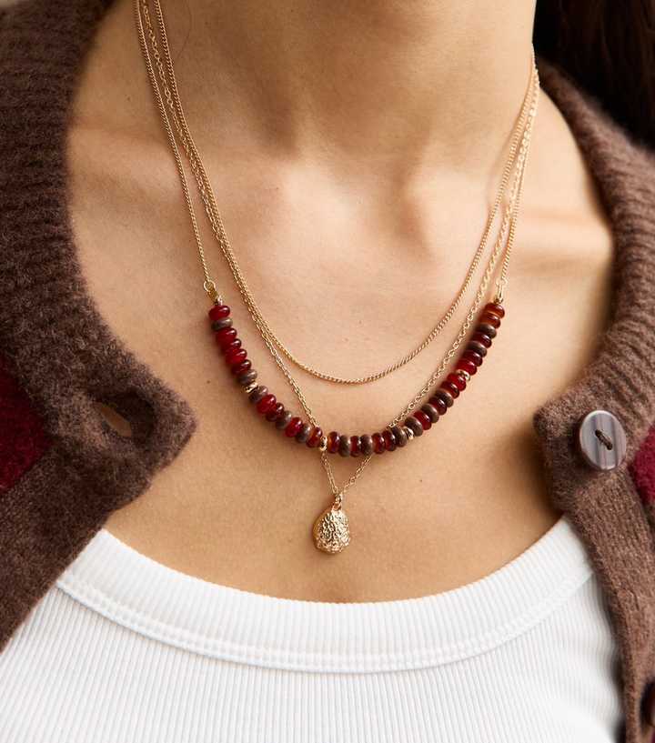 Gold Tone Triple Layer Beaded Pendant Necklace