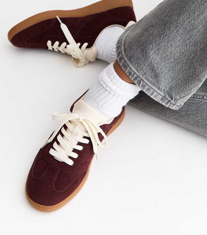 Dark Burgundy Faux Suede Contrast Stripe Trainers