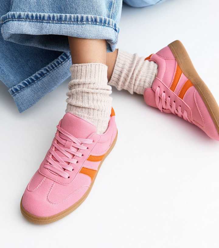 Pink Faux Suede Contrast Stripe Trainers