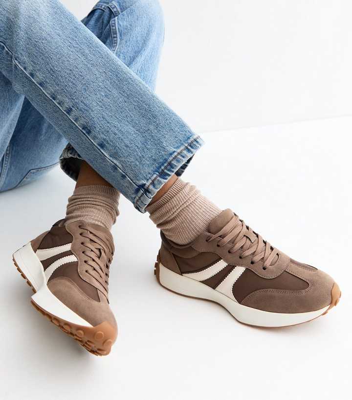 Brown Faux Suede Side Stripe Sporty Trainers