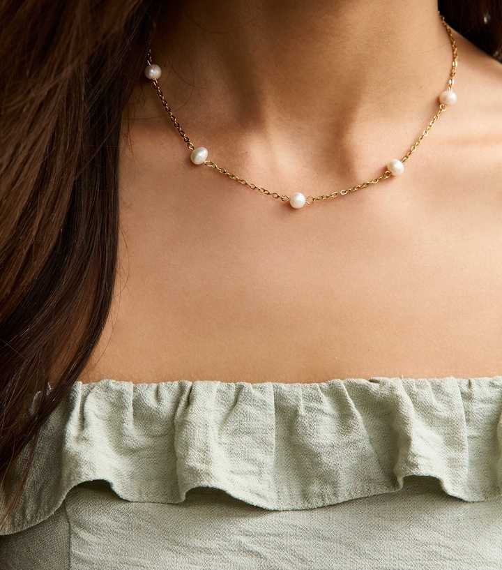 Gold Tone Waterproof Faux Pearl Chain Necklace