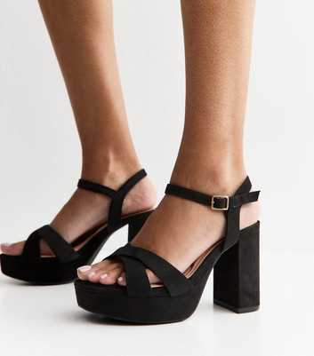 Extra Wide Fit Black Faux Suede Platform Sandals