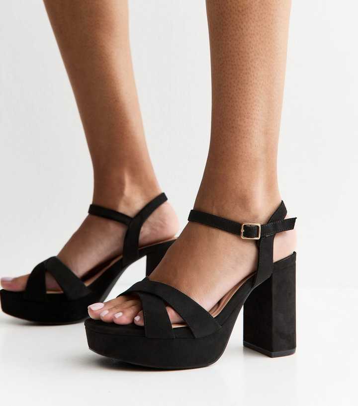 Extra Wide Fit Black Faux Suede Platform Sandals