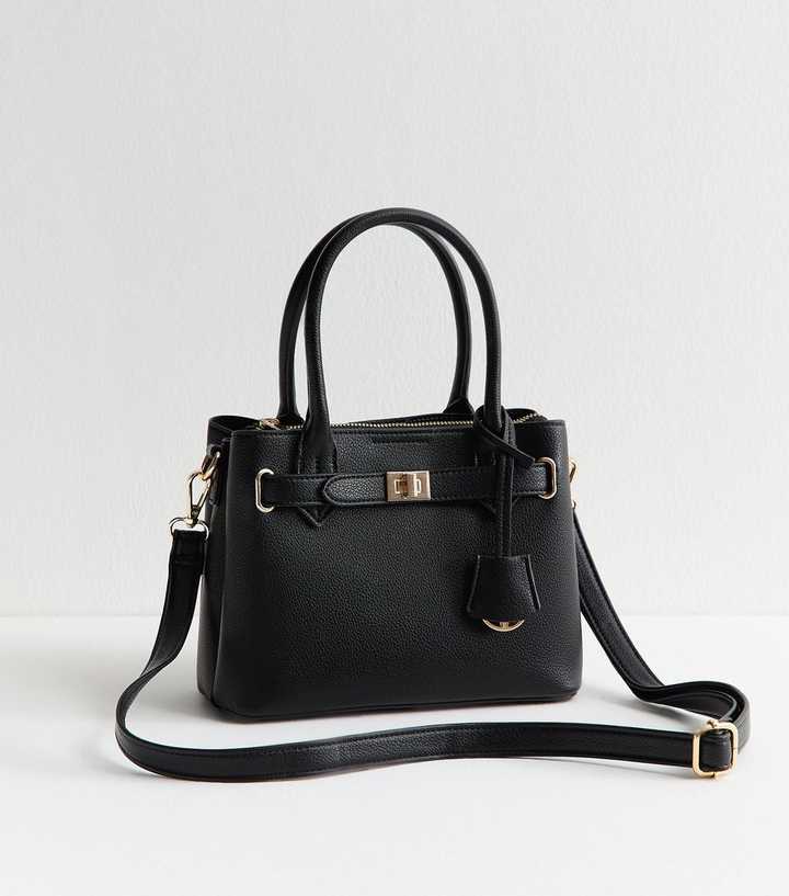 Black Faux Leather Mini Triple Compartment Tote Bag