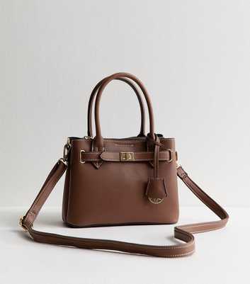 Dark Brown Faux Leather Mini Triple Compartment Tote Bag