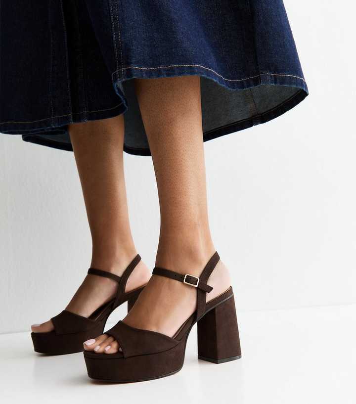 Brown Faux Suede Platform Block Heel Sandals