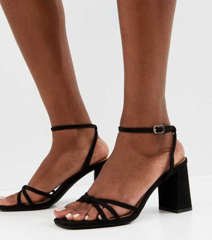 Black Faux Suede Knot Strap Block Heel Sandals