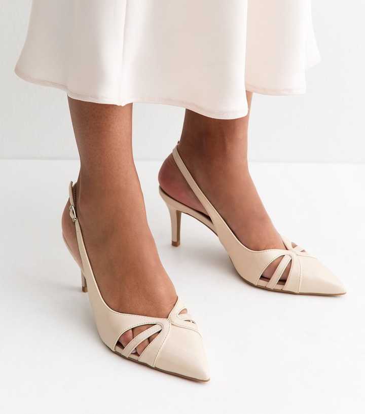 Off White Faux Leather Cut Out Slingback Court Shoes