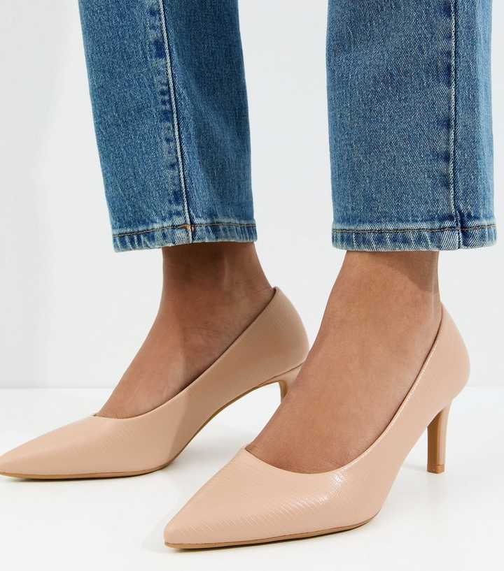 Light Pink Faux Leather Lizard Embossed Heeled Court Shoes