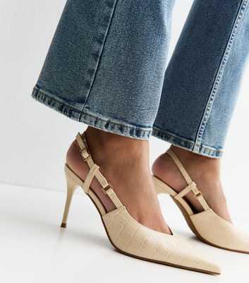 Off White Embossed Croc Slingback Court Shoes
