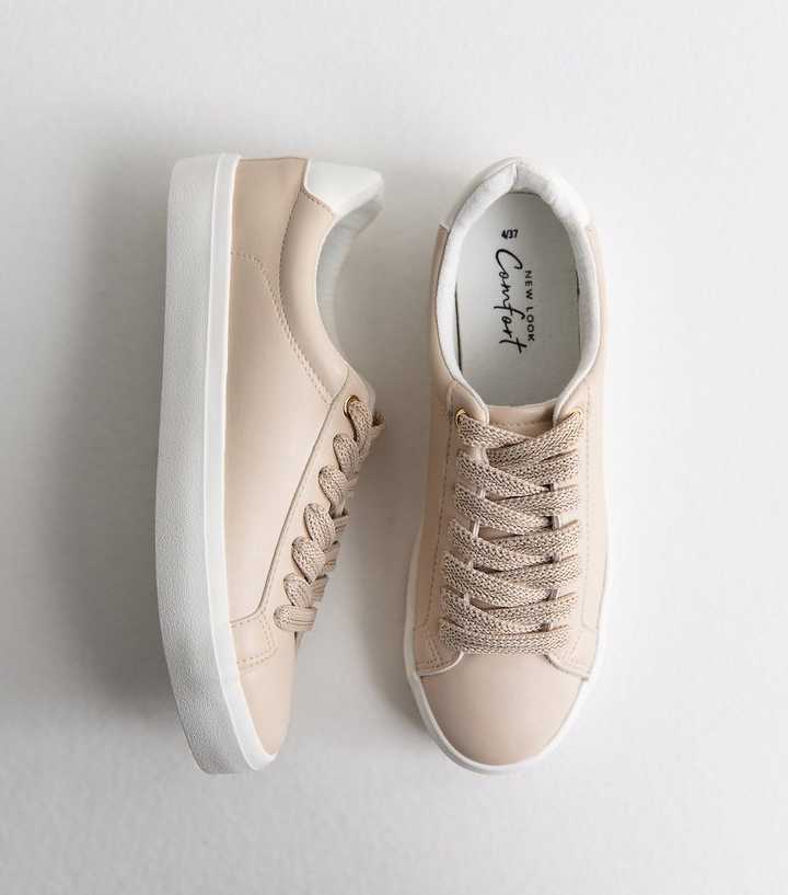 Light Pink Faux Leather Metallic Lace Up Trainers