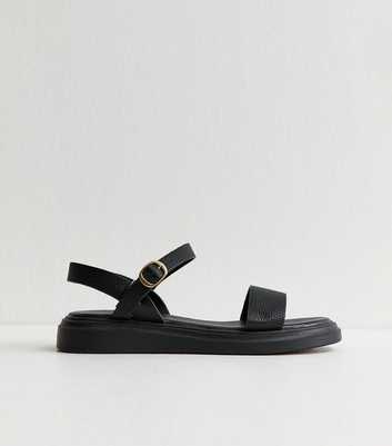 Wide Fit Black Faux Leather Flat Buckled Sandals