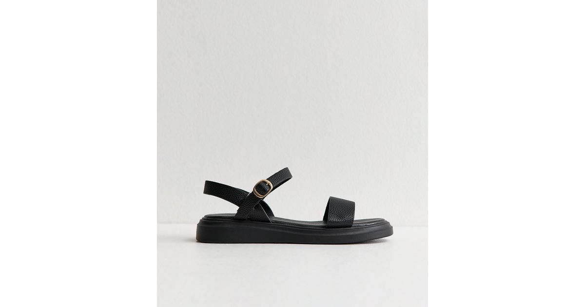 Wide Fit Black Faux Leather Flat Buckled Sandals | New Look