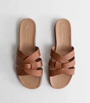 Wide Fit Tan Faux Leather Interwoven Straps Mule Sandals