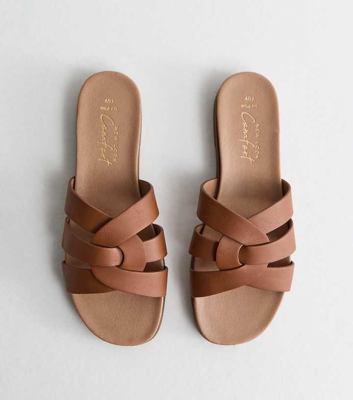 Wide Fit Tan Faux Leather Interwoven Straps Mule Sandals