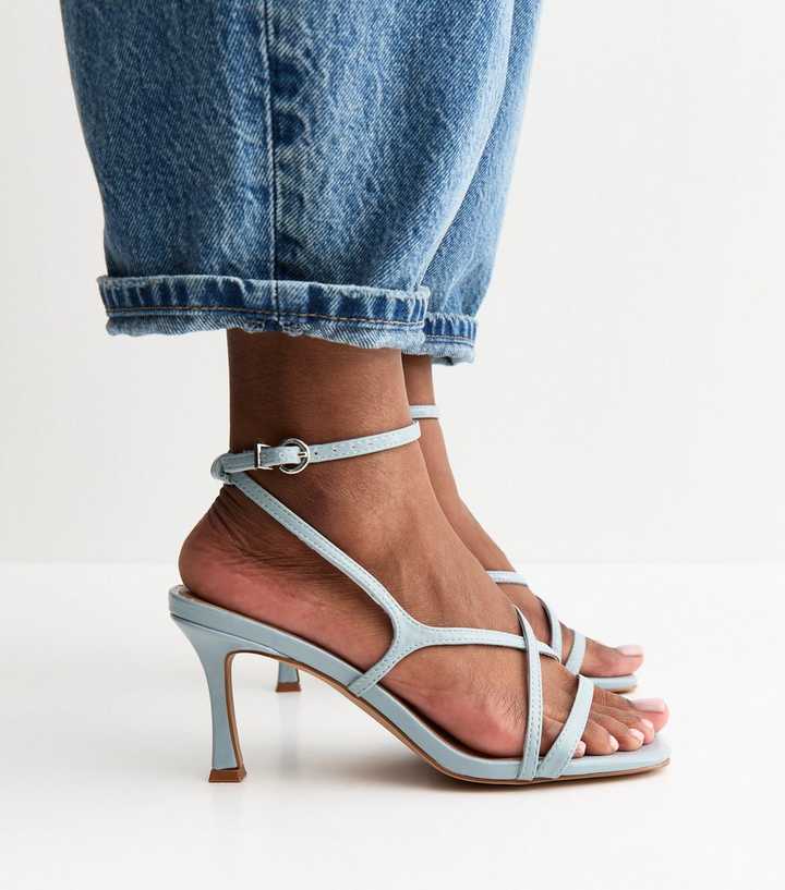 Light Blue Faux Leather Square Toe Stiletto Sandals