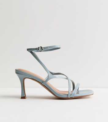 Light Blue Faux Leather Square Toe Stiletto Sandals